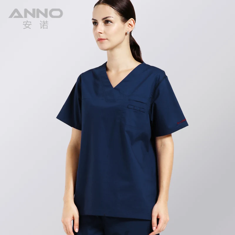 ANNO медицинская униформа медсестры скрабы платье короткий рукав больница клиника красота центр одежда хирургическая ткань аксессуары для ухода - Цвет: Navy Blue(ZangQin)-S