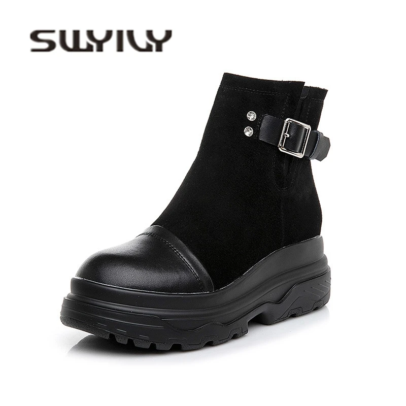 

SWYIVY Autumn Ankle Boots Woman Platform 2018 Winter Warm Plush Velvet Fur Snow Boots Female Casual Shoes High Top Snow Boots