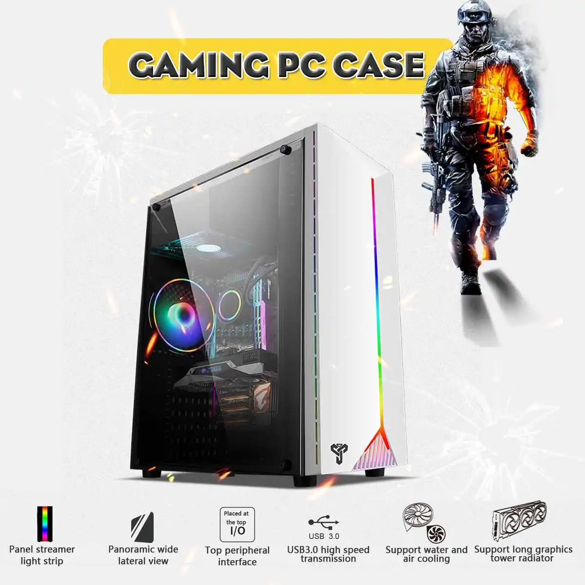  LEORY Gaming Pc Case Acrylic Transparent Side Panels Electric Contest Gaming with RGB Belt support 