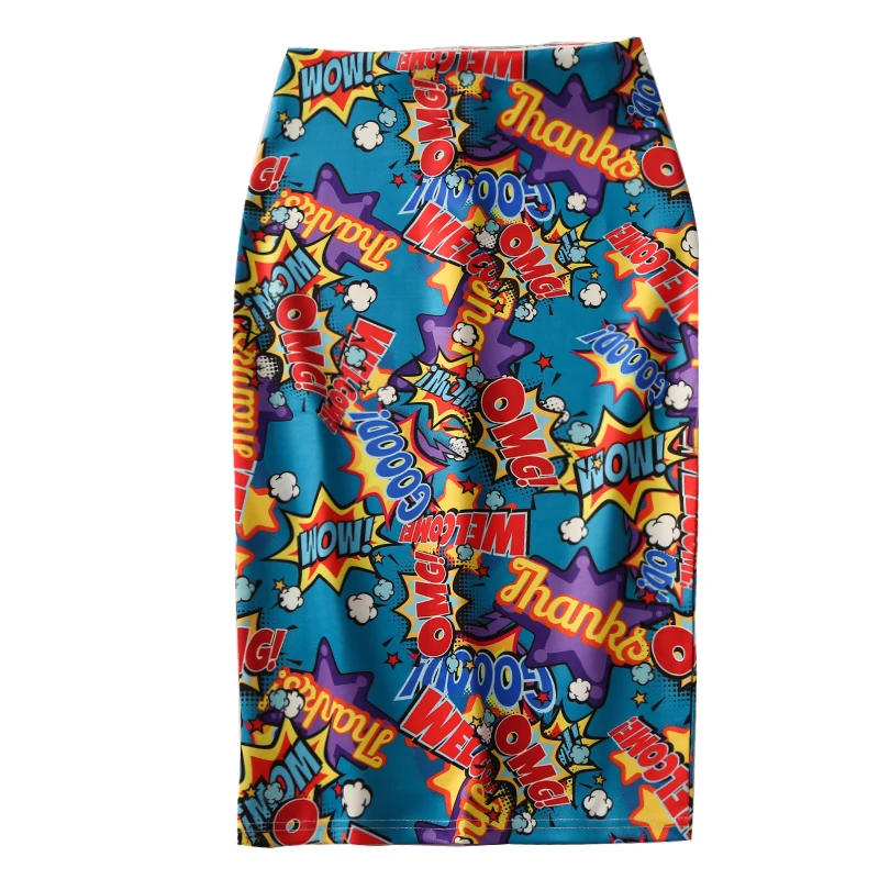 

Retro Vintage Printed Pencil Skirt Women Back Split High Waist Elastic Midi Skirts Faldas Mujer Summer 3357LY