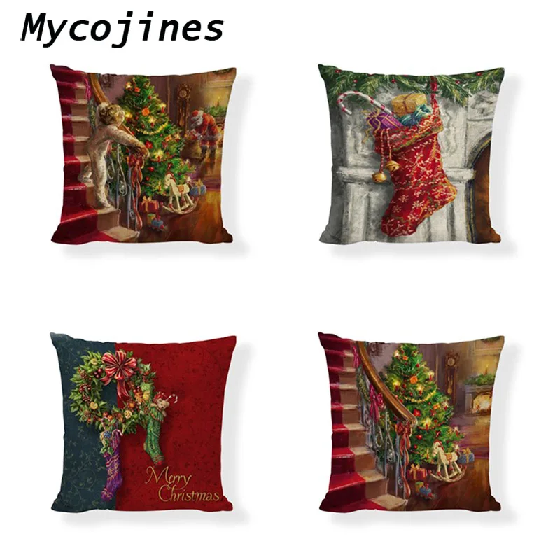 

Happy New Year Cushion Cover Christmas Socks Crutches Bells Tree Design Living Room Chair Sofa Decoration Throw Pillow Cases