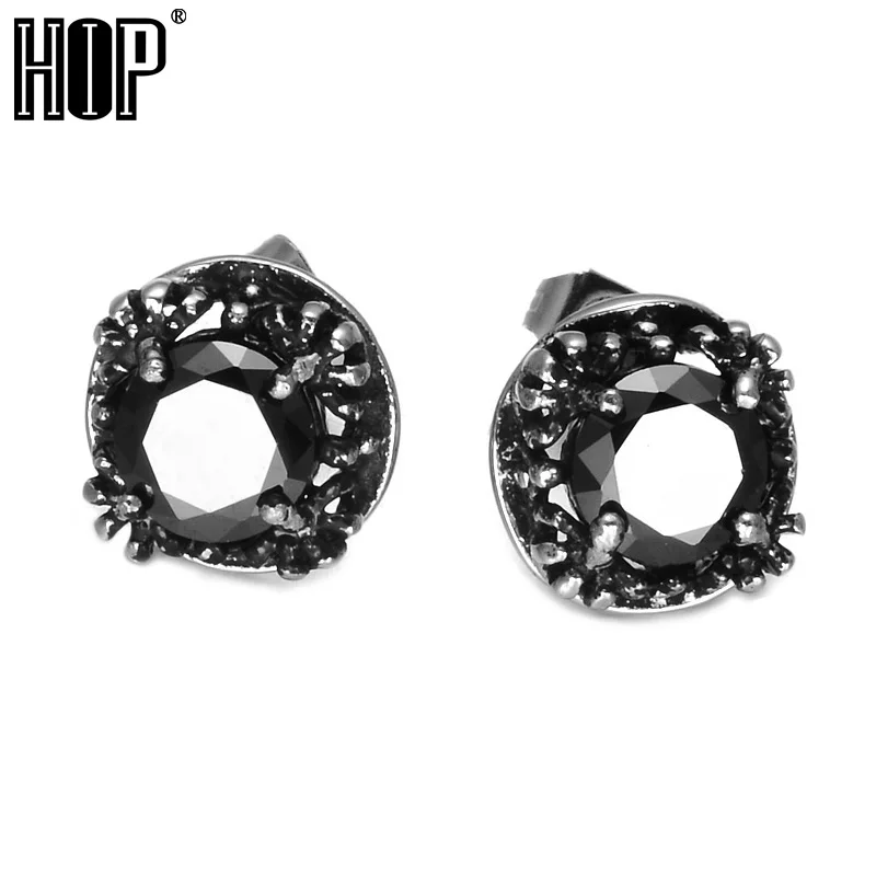 HIP Punk Gothic Black Crystal Stud Earrings Titanium Stainless Steel