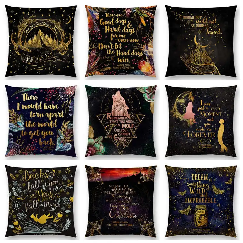 

Black Golden Floral Pattern Beautiful Language Gorgeous Words Decorative Letters Story Text Cushion Cover Sofa Throw Pillow Case