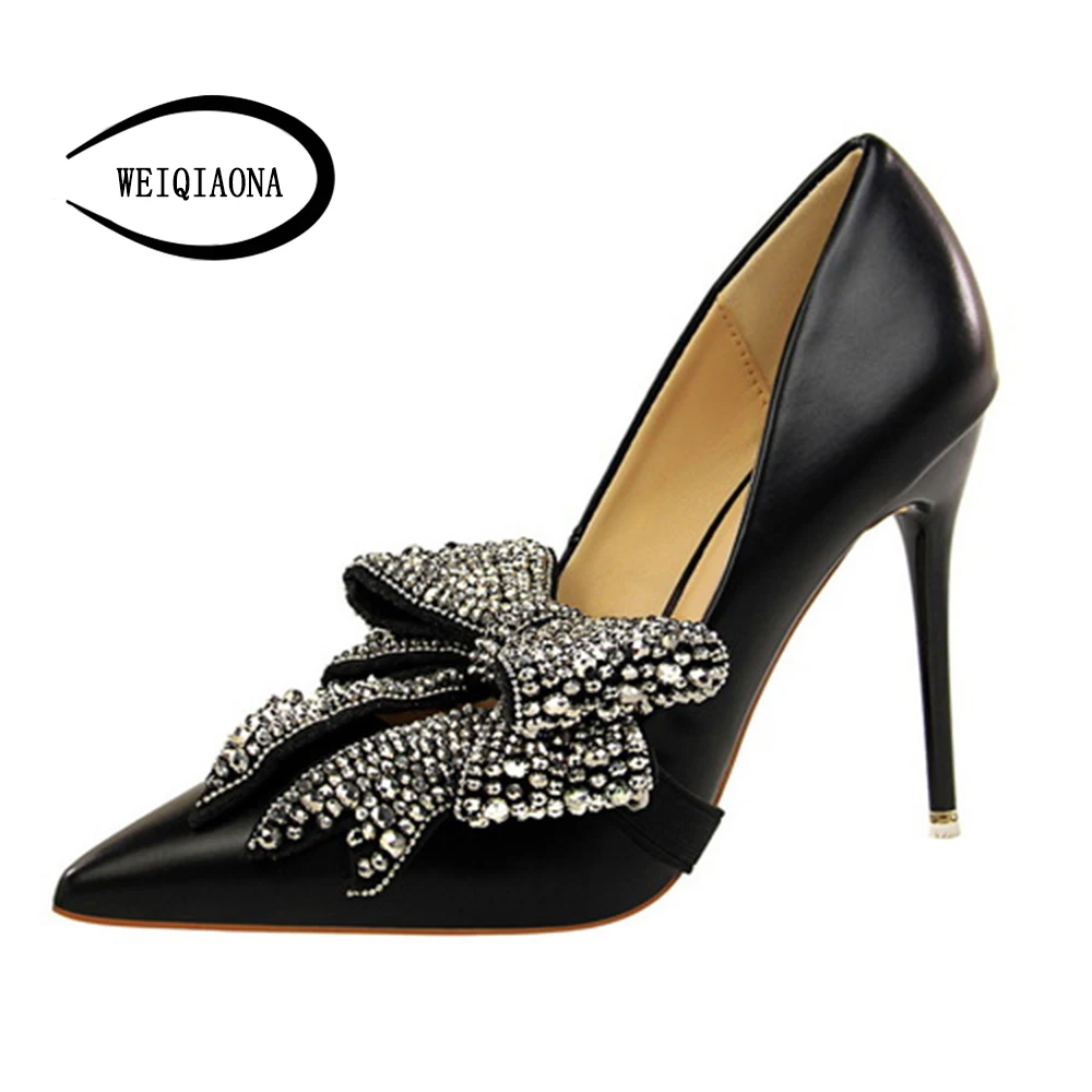 

WEIQIAONA 2018 New Summer Women's shoes Casual Sweet Pumps High Heels Pointed with Crystal big bow shoes party wedding shose