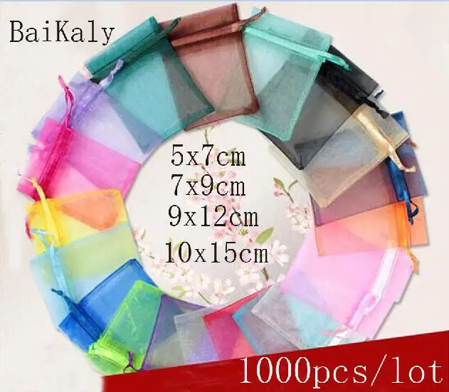 1000 шт./лот 5x7x9x12 10x15 см мешочки Drawstring мешочек из органзы свадебные Рождественский подарок сумки ювелирные изделия упаковка мешки из органзы