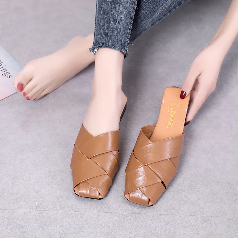 

Summer Half Slippers Female Ladies Mules Flat Heels Retro Shoes for Women Shoes Woman Cross Tie Hollow Plus Size Beach Slippers