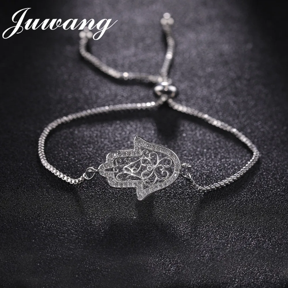 

JUWANG 2018 Hamsa Hand CZ Bracelets for Women Girl Gold Sliver Color Cubic Zirconia Connector Charm Bracelets Christmas Gift