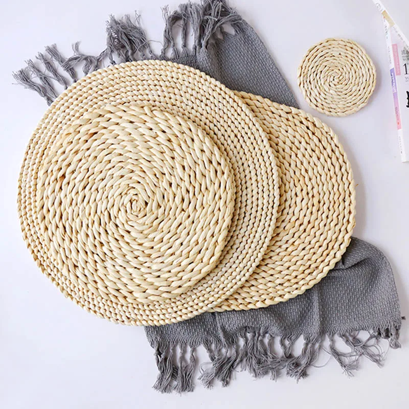 WCIC Natual Straw Water Hyacinth Weave Placemat Kids For Dining Table Round Oval Woven Tablemat Kitchen Dinner Handmade Mat