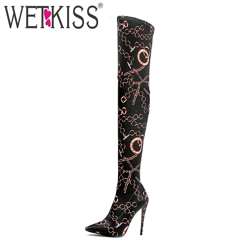 

WETKISS 2018 Latest Sexy Lady Thigh High Boot Colored Stretch Woman Over Knee Boot Stilettos High Heels Shoes Women Pointy Boot