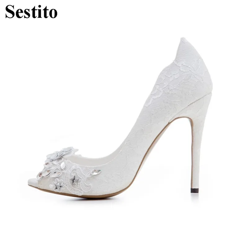 

Sweet New White Lace Crystal Flower High Heels Peep Toe Super High Heel 12 cm Wedding Pumps Women Thin Heels Slip-on Women Shoes