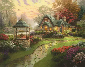 

Cottage Wishing Well Courtyard Garden Tree background High quality Computer print wedding photo backdrop