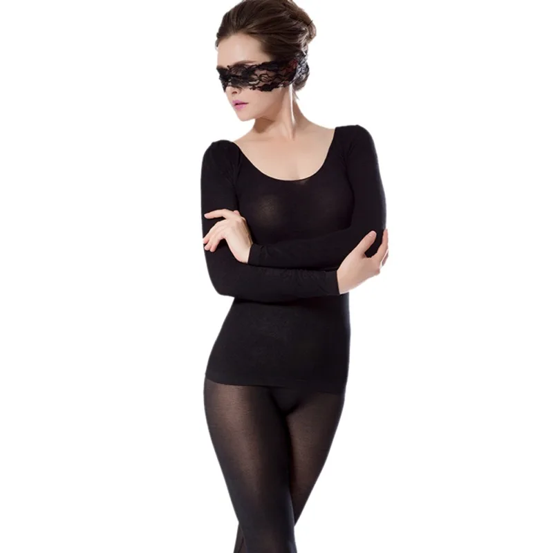 Новое однотонное бесшовное легкое высокоэластичное женское термобелье наборы эластичное в форме эротичное нижнее белье подштанники - Цвет: Черный