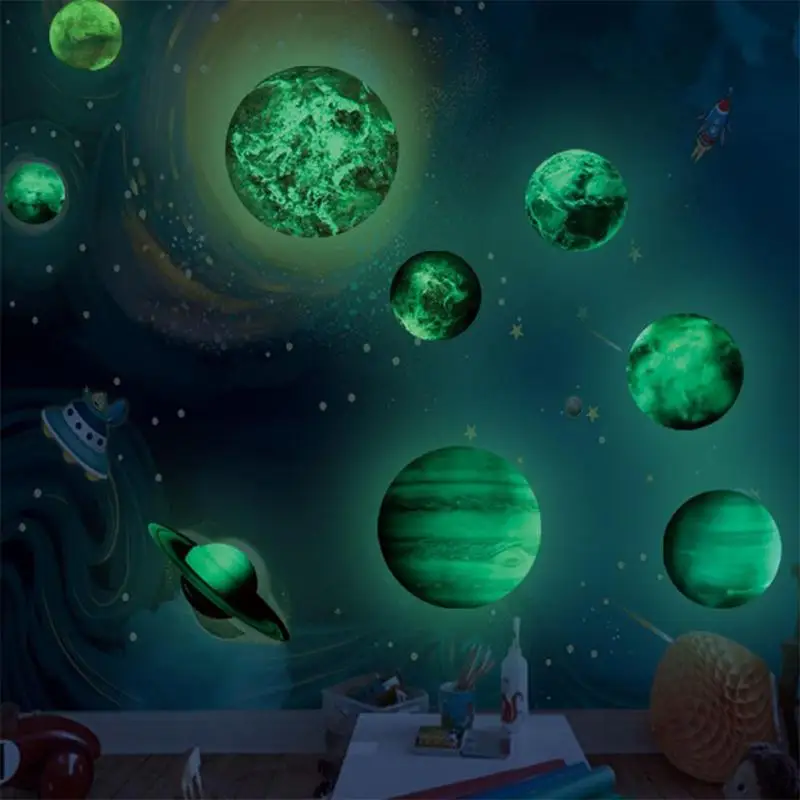 Glow In The Dark Solar System 9pcs Planet Wall Stickers Baby Kids Bedroom Luminous Wall Stickers Glow