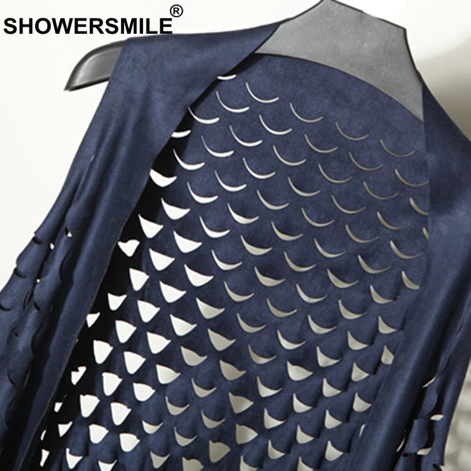 SHOWERSMILE Hollow Out Vest Women Spring Long Sleeveless Jacket Female Navy Outwear Suede Soft Elegant Tassel Ladies Plain Gilet