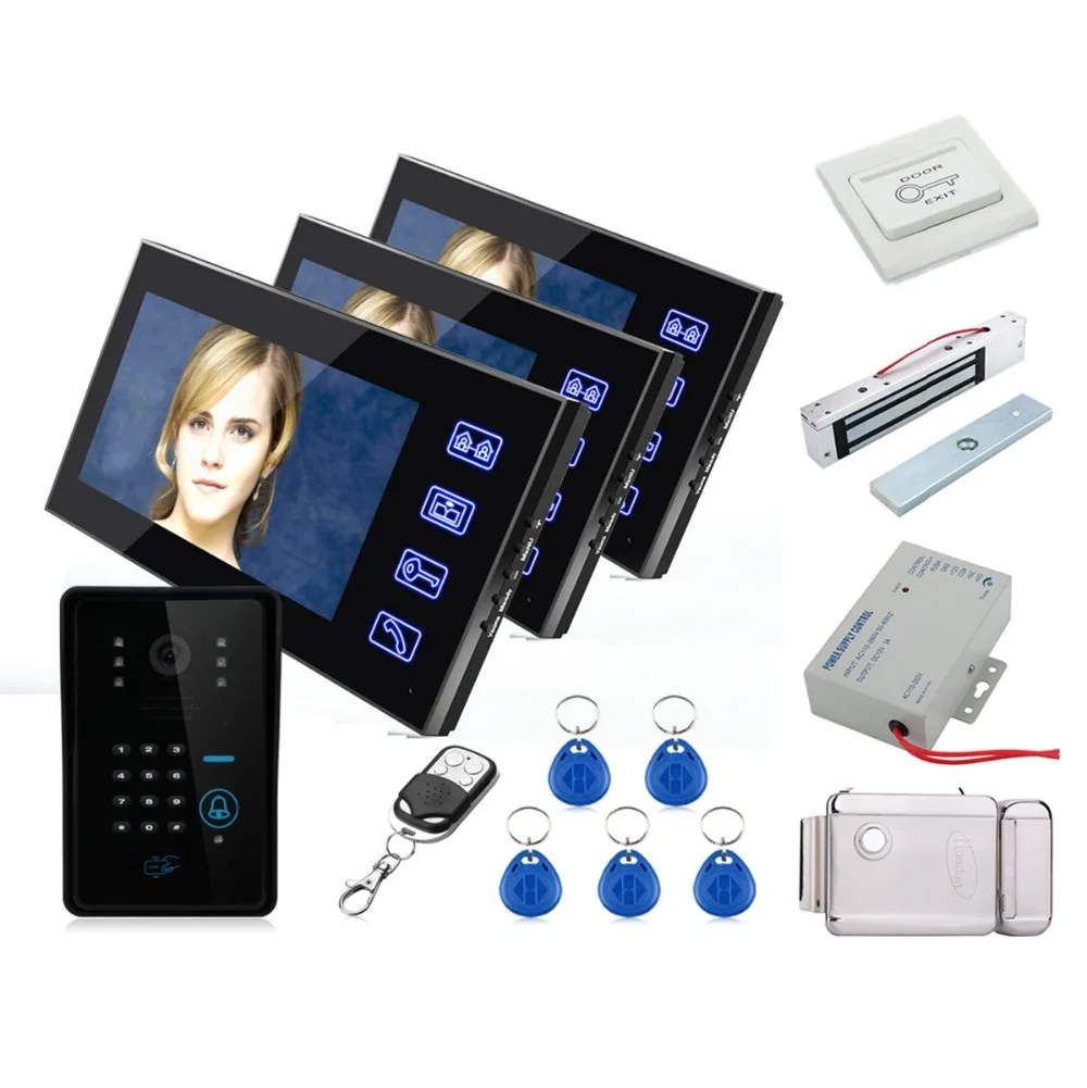 

Home Touch Key 7" Color RFID Video Door Phone Doorbell Video Intercom System 5 ID Card Video Intercom 3 Monitor+Electronic locks