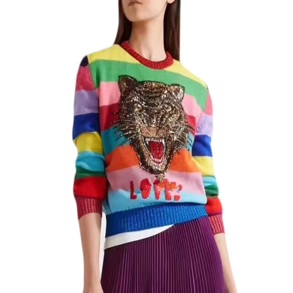 Luxury Sweaters Women Soft Rabbit Fur Pullovers Cartoon Tiger Embroidery Letters Knitted Sweaters Rainbow Striped Sweaters