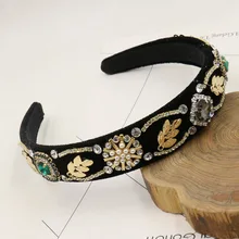 2017 New Arrival Baroque Headband Black Velvet Queen Crown Pearls Crystal Flower Leaves Wedding Hair Accessories Bridal Tiara
