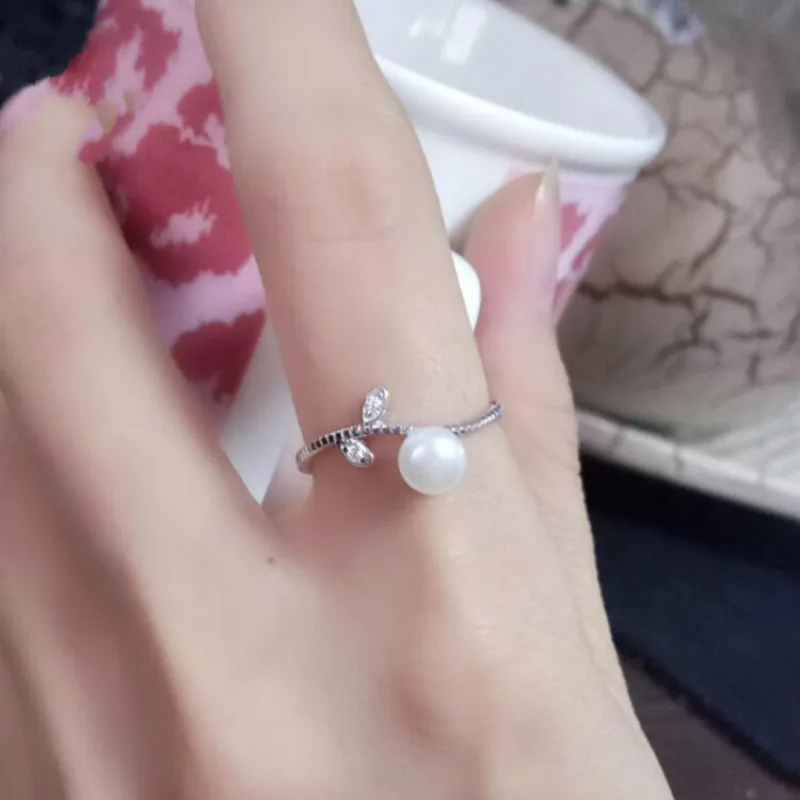 

100% Authentic 925 Sterling Silver Statement Rings Retro Style Round Pearl Simple Leaves Open Rings Elegant Jewelry Ring