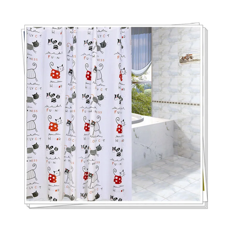 

Cartoon Cat PEVA Shower Curtain Environmental Anticorrosion Thick With Hook White No Punching Shower Curtain Rod Matching