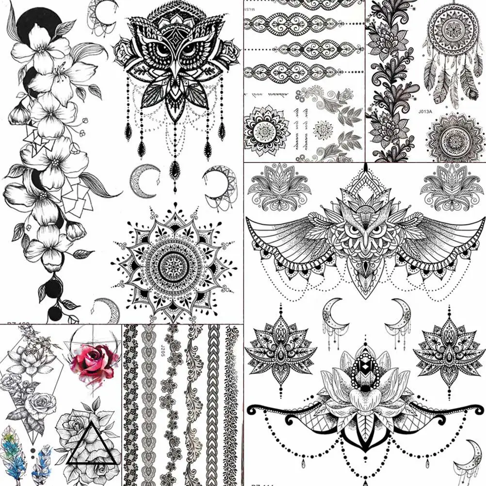 

YURAN Fake Waterproof Tattoos Chains Mandala Henna Owl Fake Jewelrys Black Henna Temporary Tattoo Stickers Women Girls Tatoo Arm