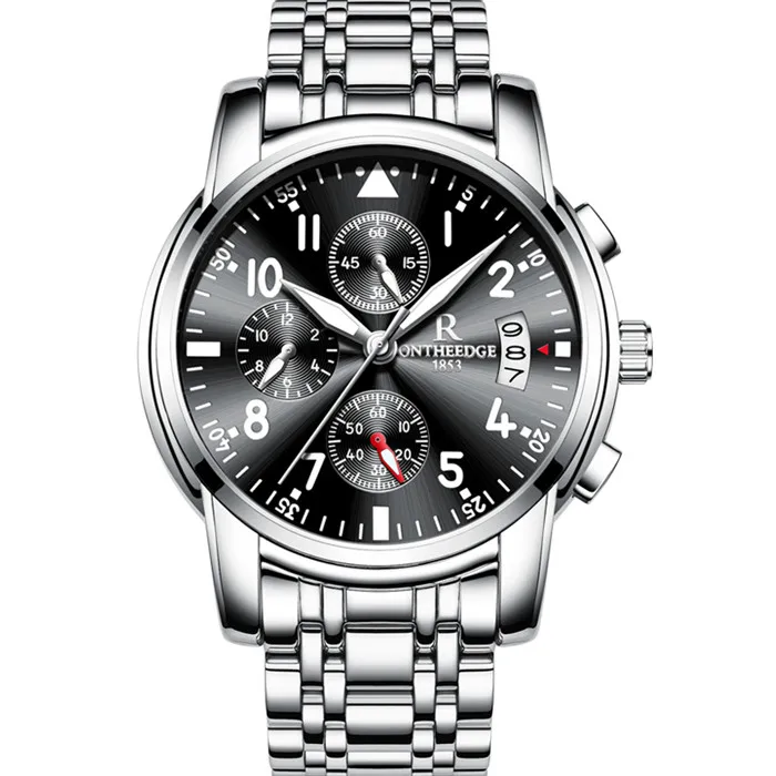Silver Black ONTHEEDGE Модные Стильные черные светящиеся часы для мужчин и женщин спортивные водонепроницаемые 30 м полный хронограф из нержавеющей стали Кварцевые часы Montre - Цвет: Silver Black