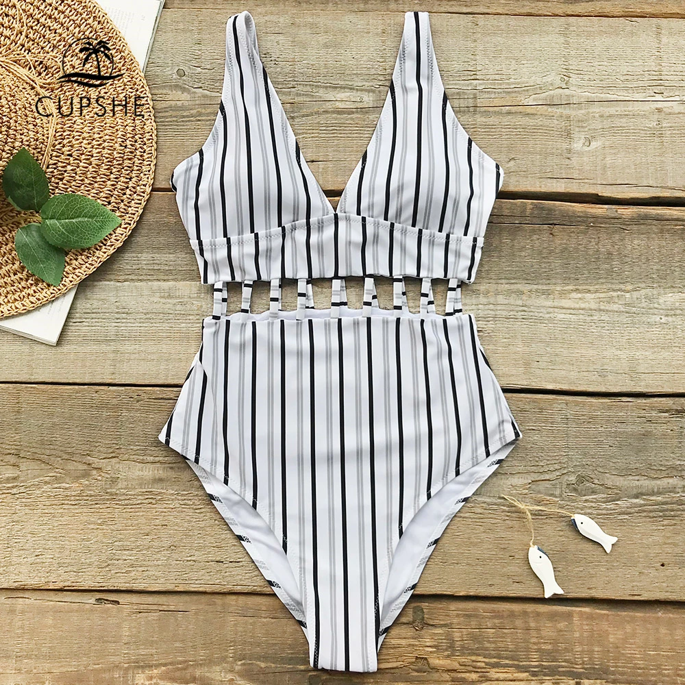 

CUPSHE Striped Cutout One-piece Swimsuit Women Strappy Removable V-neck Monokinis 2019 Girl New Beach Bathing Suit Swimsuits