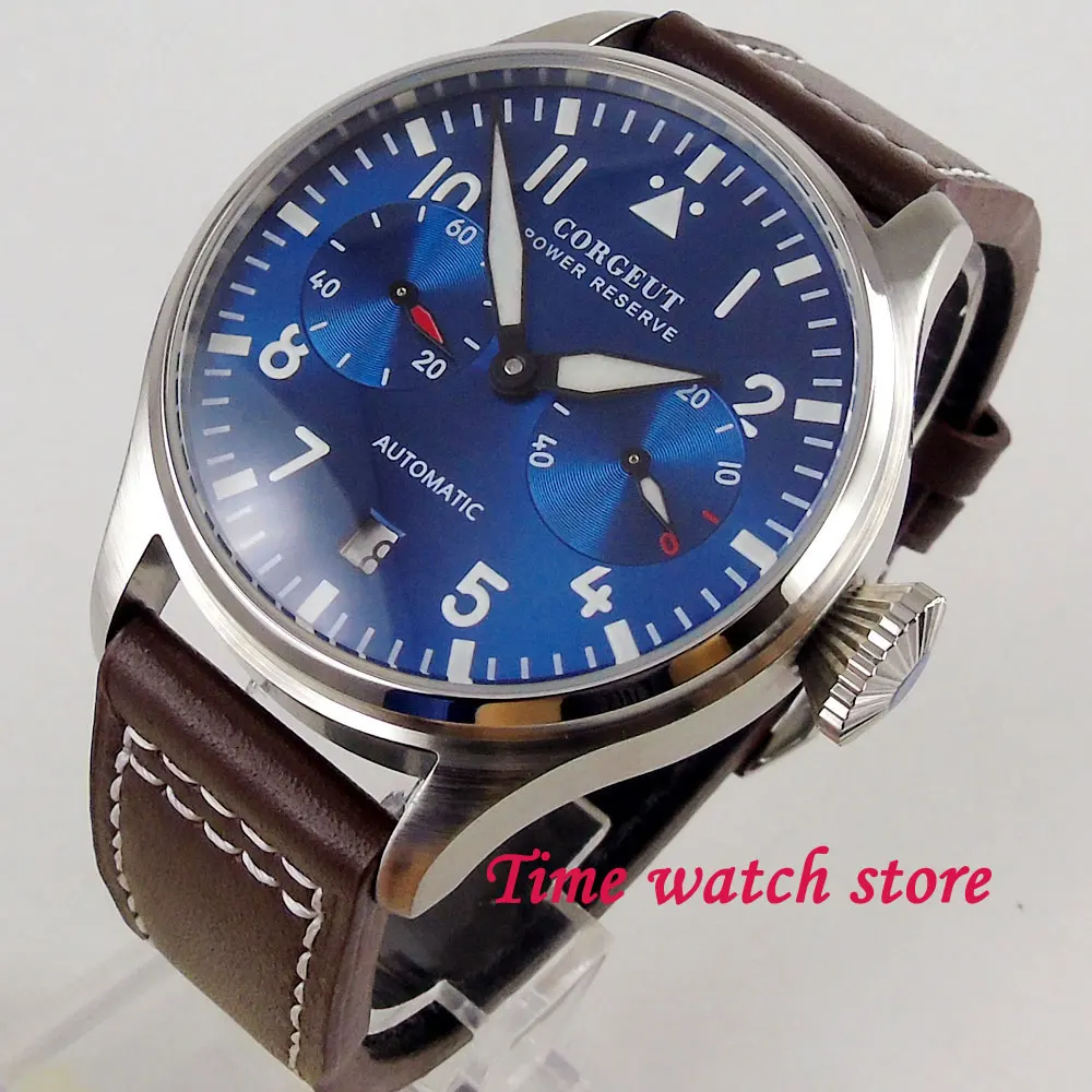 

42mm Corgeut ST2532 automatic wrist watch men power reserve date display waterproof leather strap blue dial luminous
