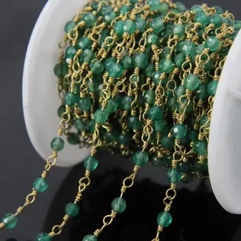 

5Meter Green Ag ate Faceted Round Bead Chain,Wire Wrapped Brass Rosary Chain Necklace Ag ate bracelet Jewelry Making