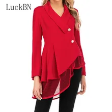 S-3XL Women New Mesh Hem Fashion Work Office Suit Fashion Long Sleeve V Neck Formal Red Black Elegant Office Lady Blazers Top