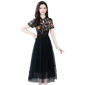 

Retro Jacquard Patchwork Summer Dress 2019 Women Cheongsam Dresses Mesh Pleated Slim Fashion Vestidos Elegant Party Dress f693