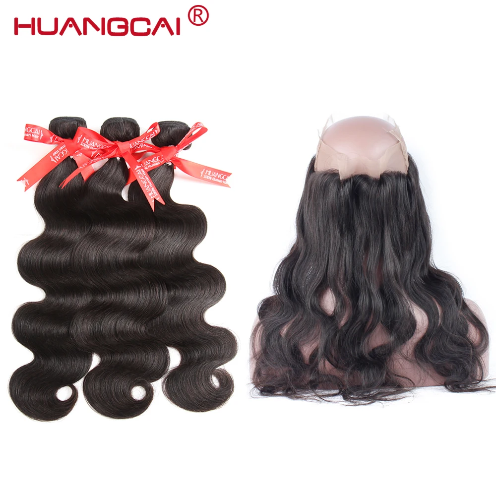 Huangcai Brazilian Body Wave Human Hair Weaves Bundles Pre Plucked 360 Lace Frontal Closure With 3 Bundles 4pcs/lot body-wave