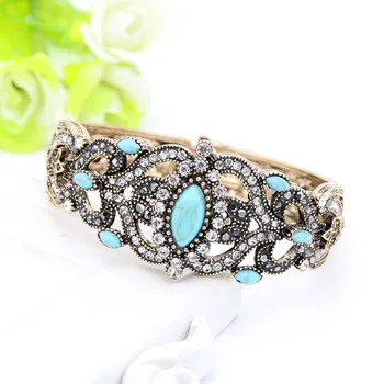 Vintage Turkish Women Flower Resin Green Stone Bangle Mellow adjust Cuff Antique Gold Color Bracelet Arabia India Bridal Jewelry