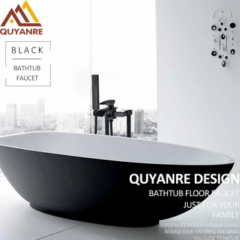 

Quyanre Black Nickel Bathroom Floor Standing Faucet Waterfall Spout Mixer Tap Torneira Bathroom Shower Faucet Mixer Bath Shower