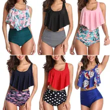Женский танкини большого размера, набор, оборка с тесьмой, бохо, цветочный принт, короткий топ, высокая талия, плиссированные плавки, стринги, купальник, купальный костюм