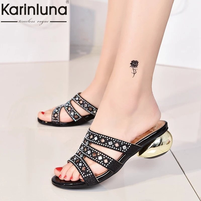 

Karinluna Summer Fashion Crystal Mules Ladies Big Size 43 Slippers Med Wide Heels Mature Women Shoes Woman