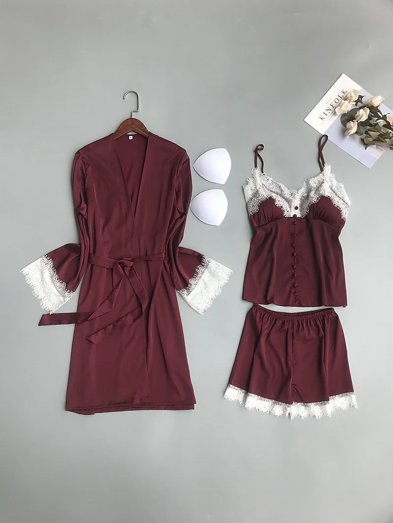 Lisacmvpnel 3 Pcs Ice Silk Robe Set Lace Sexy Bathrobe Spaghetti Strap With Chest Pad Nightdress+Robe+Shorts Pyjama For Women