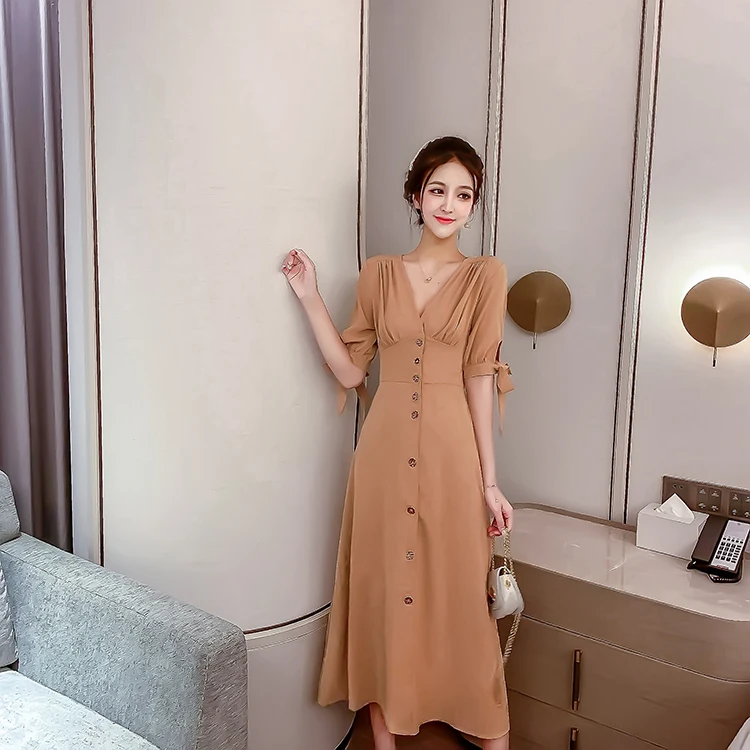 

Vintage V neck Long Dresses For Women Single-breasted Short Sleeve Summer Slim Dress 2019 Autumn Casual Party Female Vestidos