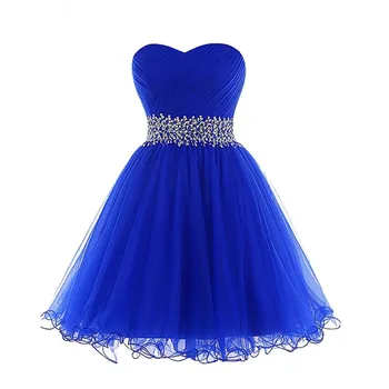 

Hot Sale Ball Gown Short Prom Dresses Sweetheart Sequins Beading Cocktail Dresses Lace-up Pleats Ruffles Royal Blue Dress