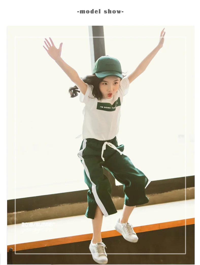 Летний детский спортивный костюм для девочек детская одежда футболка полосатые свободные штаны детские спортивные костюмы для девочек, комплект одежды