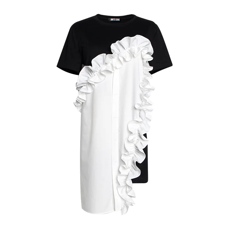 

New Brand 2019 Summer Dress Women O-Neck Ruffles Casual Black White Dresses Ladies Fashion Clothing