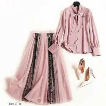 

European style 2019 New arrivals summer Spring fashion women clothes solid color blouse + patchwork mesh skirt casual suit T3376