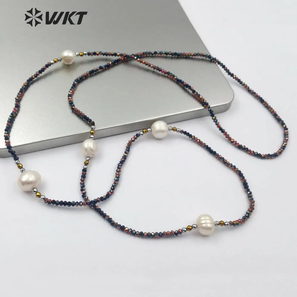 

WT-N1159 Colorful Beaded Necklace 36inch Long stones Necklace With Pearl Charm Handmade Necklace Gift For Women