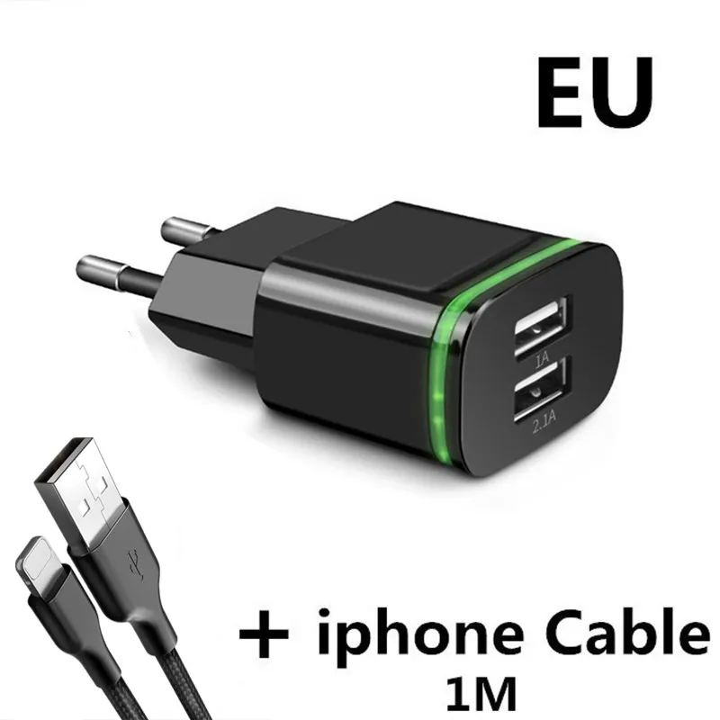 Faichoy светодиодный светильник 5V 2.1A EU/US Plug Phone USB зарядное устройство для iPhone huawei 2 порта USB зарядное устройство адаптер устройство микро-зарядка данных - Тип штекера: Black  ip Cable