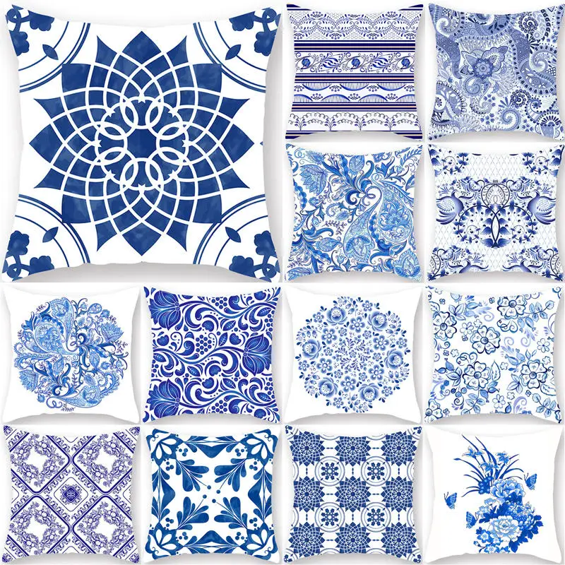 

1Pcs Blue Geometric Mandala Pattern Pillow Case Polyester Throw Pillow Home Sofa Bed Car Decoration Cushion Cover 45*45cm 40818