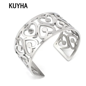 

Silver Color Stainless Steel Cuff Bangles Heart Shape Bracelet For Women/Men Feminina Fashion Hollow Lover Bangle Luxury Jewelry