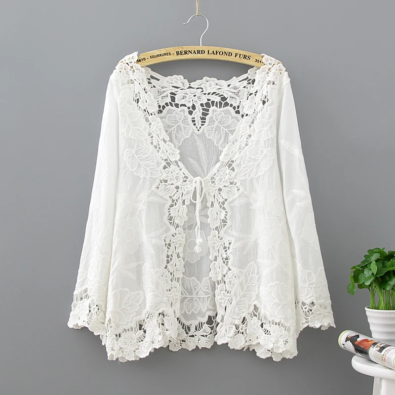 Crochet Lace Kimono Summer 2019 Fashion Holiday Lace Up Tops Women Long Sleeve Hollow Out White Blouse Beach Kimono Cardigan
