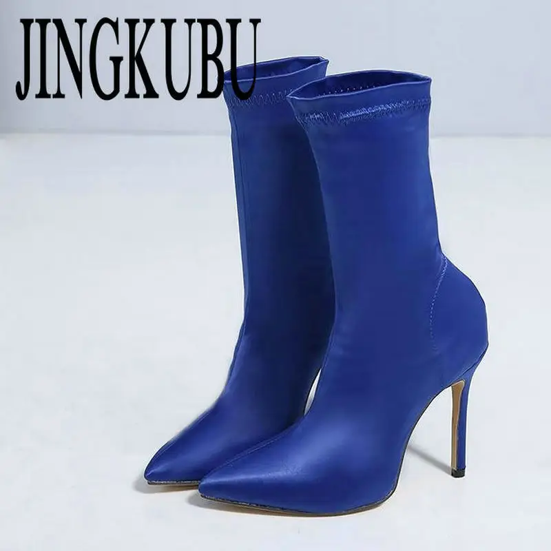 JINGKUBU 2018 новые модные шелковые женские ботинки с острым носком Сапоги на каблуке