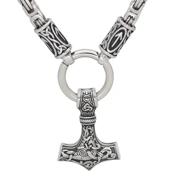 

Nordic viking rune with thor hammer pendant necklace stainless steel -king chain with valknut gift bag