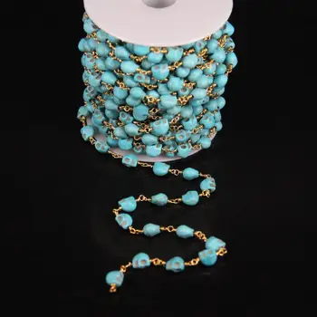 

5Meter/lot,Mixed Turquoises skulls bead Copper Chain,8x10mm Natural stone With Gold color Brass Wire Wrapped Rosary Chains