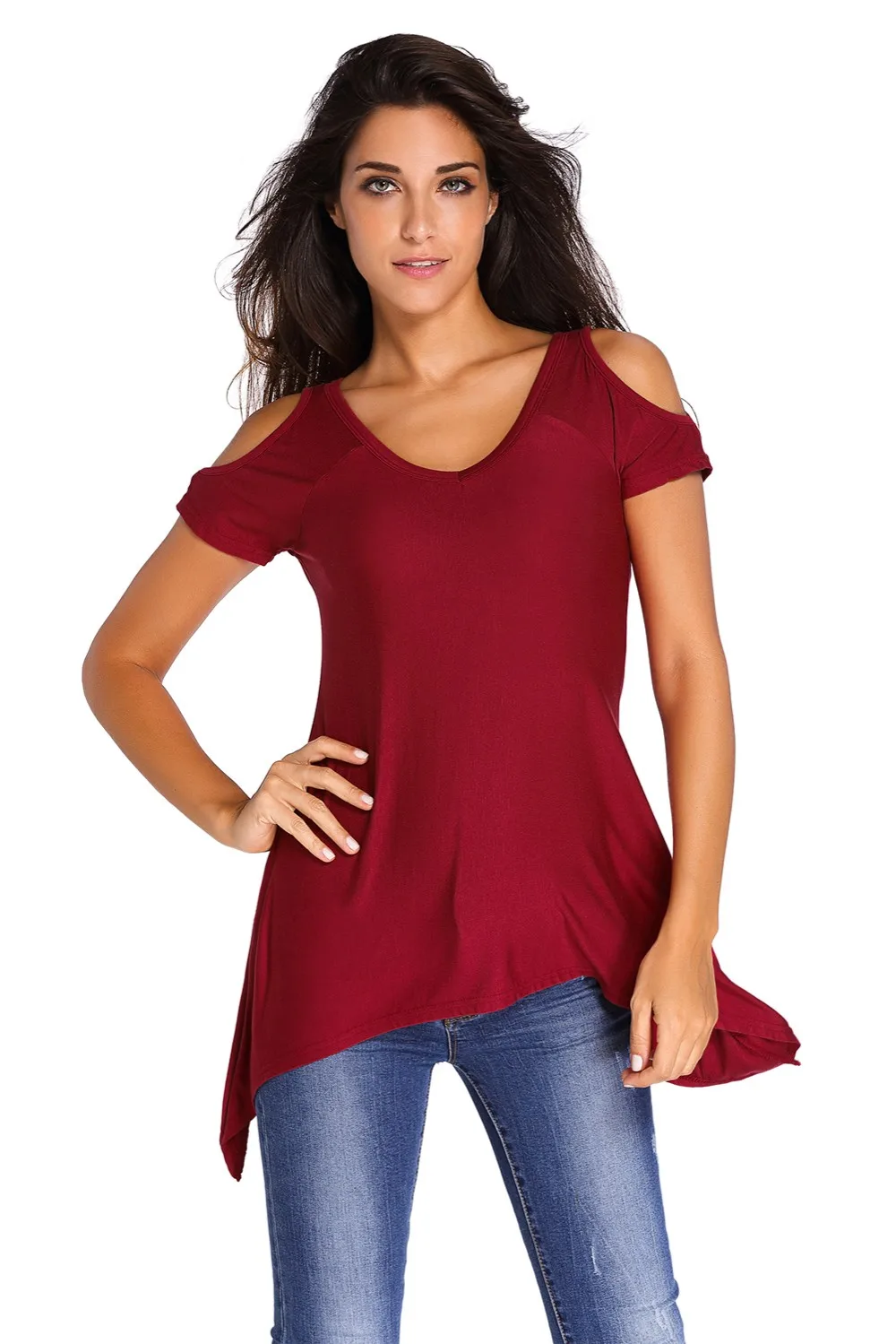 Wine-V-Neck-Cold-Shoulder-Swing-Top-LC25790-3-8